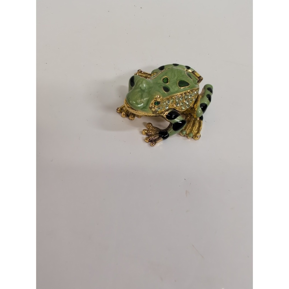 Vintage‎ enamel frog green gold toad trinket box crystal jewel magnetic hinge